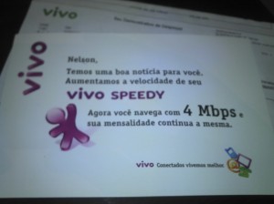 Carta de notificação de aumento da velocidade da internet banda larga VIVO Speedy