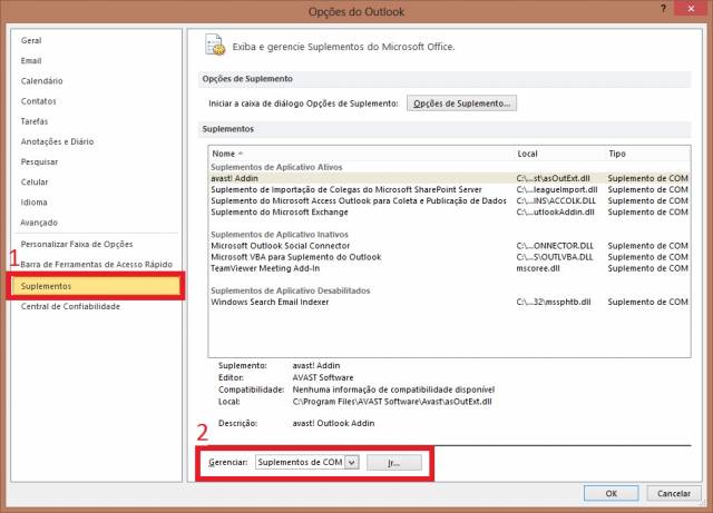 Menú suplementos do Microsoft Outlook