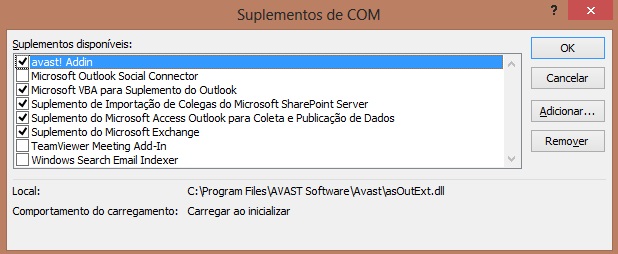 Janela de complementos do Microsoft Outlook