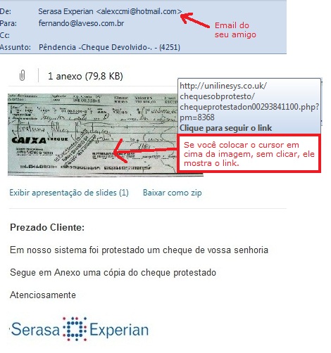 Email em nome de Serasa Experian - Devolução de cheque