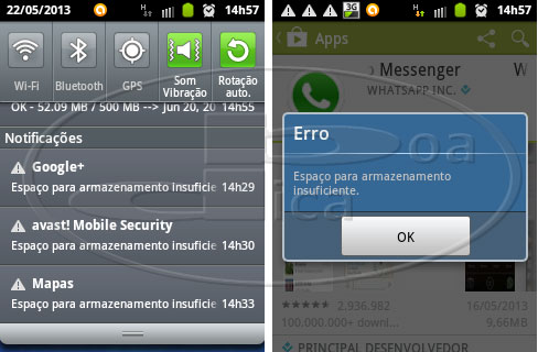 Erro - Espaço insuficiente no Android Google Play