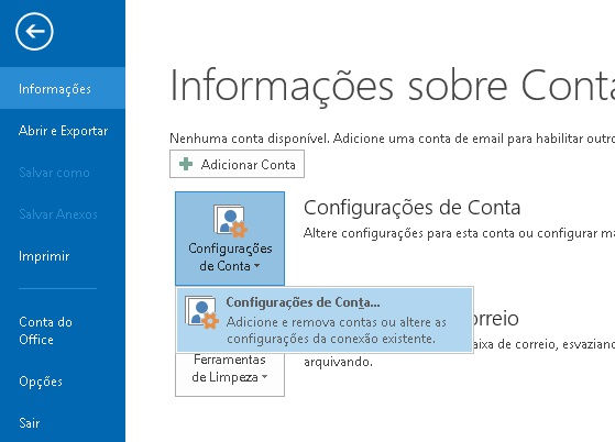 Botão Configurações de Conta - Microsoft Outlook