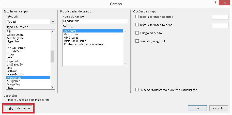 Formatação campo data mala direta Word