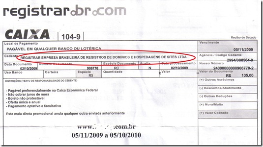 Boleto falso de registro de domínio